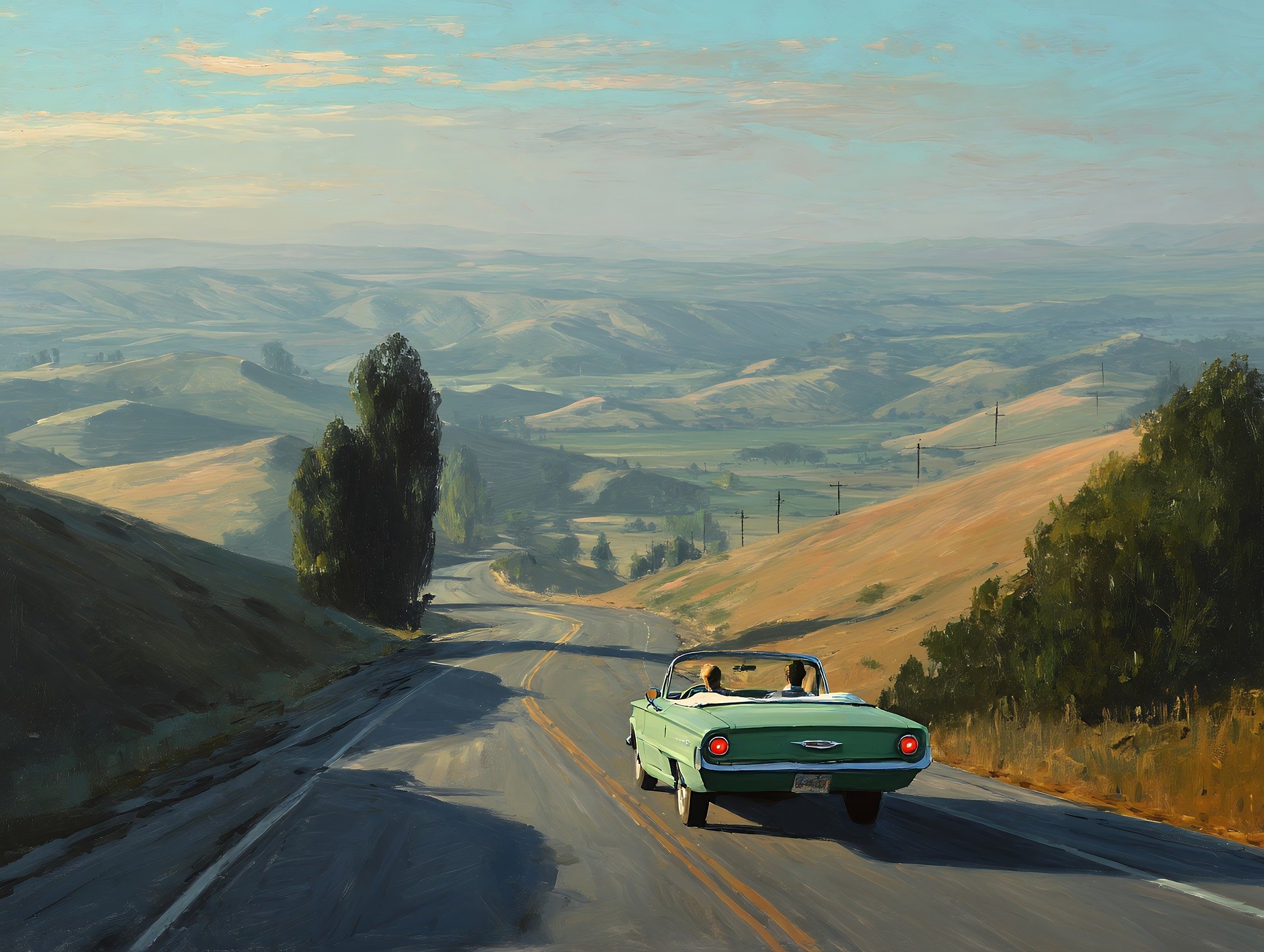A vintage convertible driving on a winding road through rolling hills, symbolizing a journey.